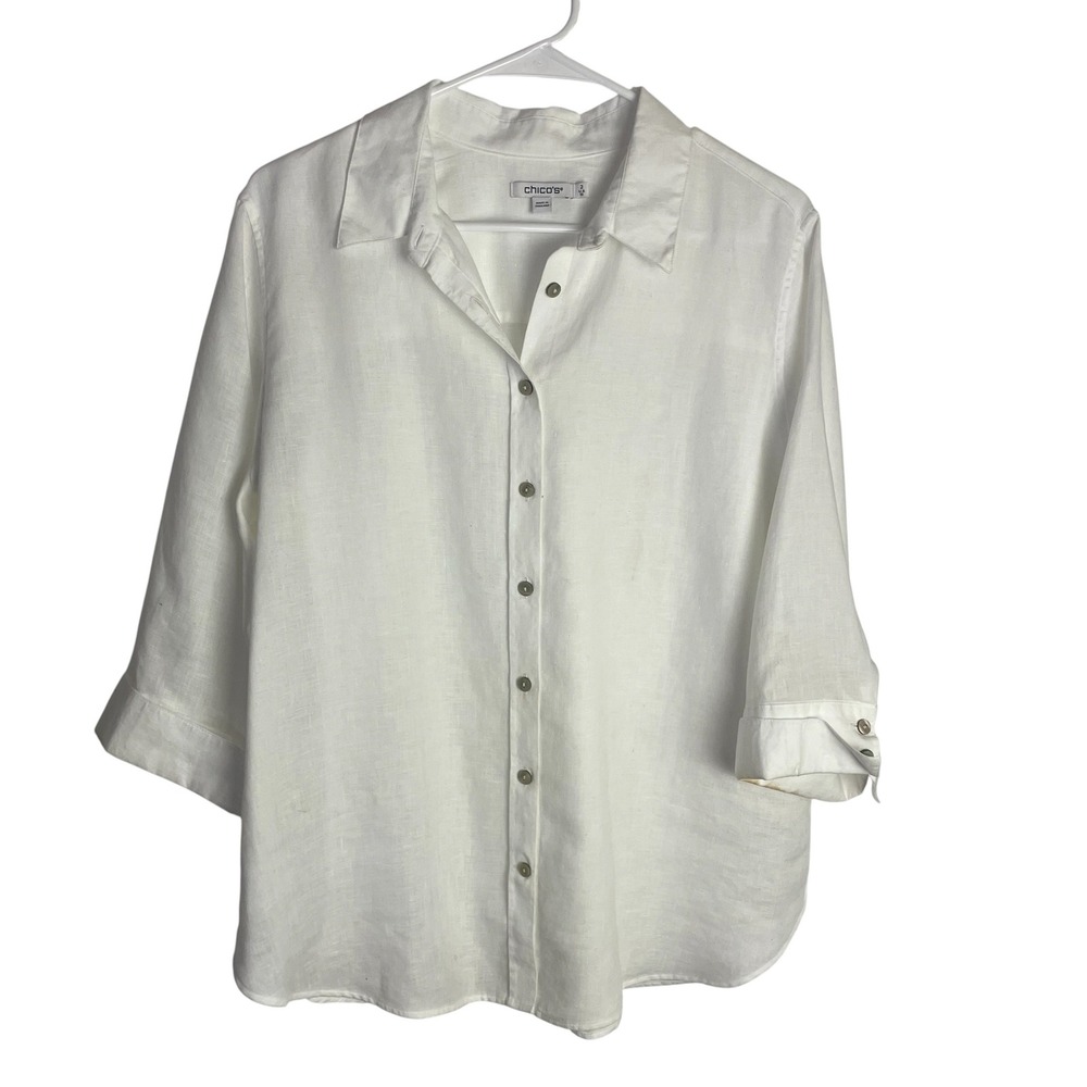Chicos Womens 100^ Linen Button Down Shirt Sz 2 (L/12) White 3/4 Sleeve Capsule